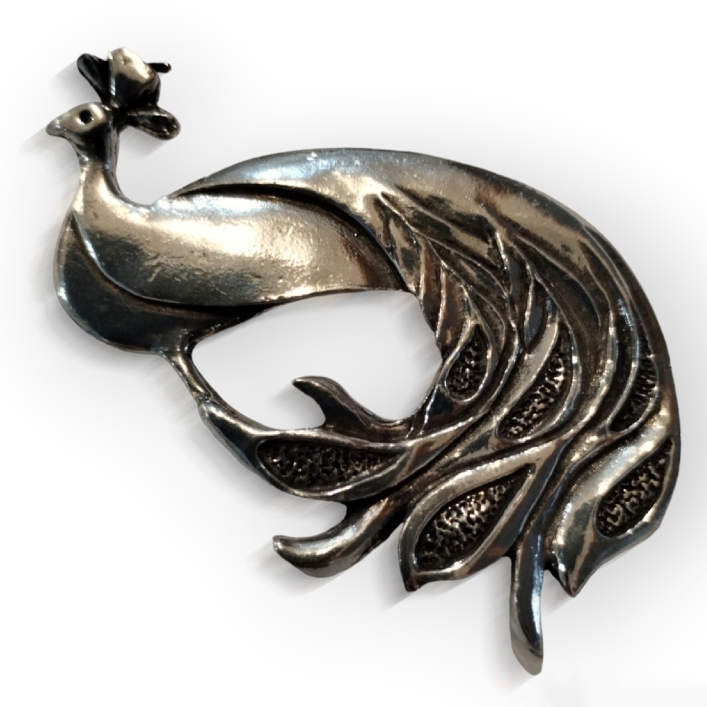 1980s Art Nouveau Pewter Peacock Brooch 